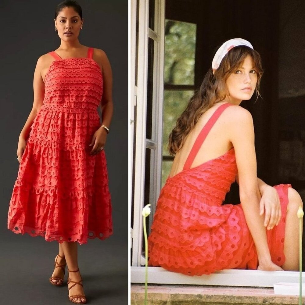 ❤️ NEW Anthropologie Maeve Coral Red Eyelet Halter Midi Dress 18